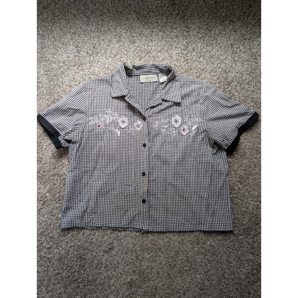 Lemon Grass Short Sleeve Button Up Women's L Black Gingham Cropped 90s Floral